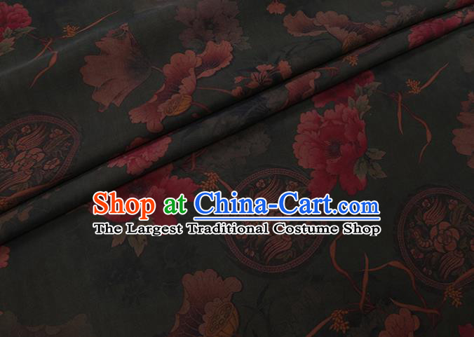 Chinese Classical Lotus Pattern Deep Green Silk Drapery Asian Traditional Cheongsam Cloth Watered Gauze Fabric