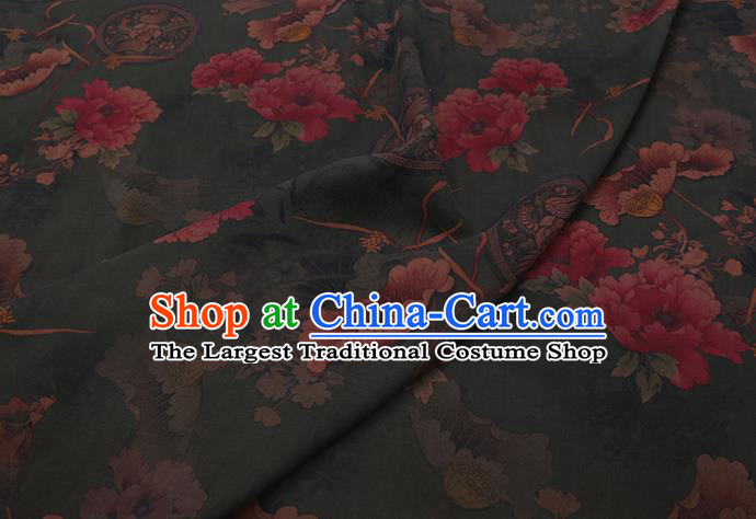 Chinese Classical Lotus Pattern Deep Green Silk Drapery Asian Traditional Cheongsam Cloth Watered Gauze Fabric