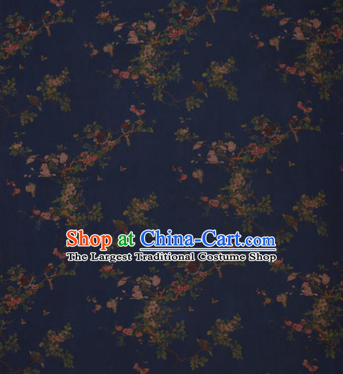 Chinese Classical Flowers Bird Pattern Deep Blue Silk Drapery Cloth Asian Traditional Cheongsam Fabric Watered Gauze