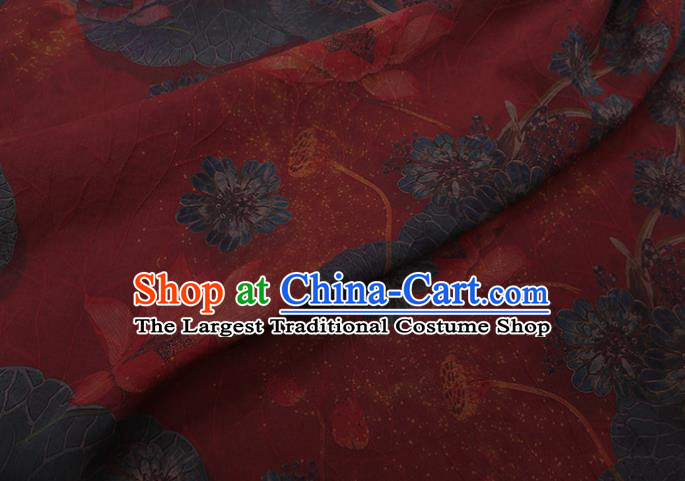 Asian Watered Gauze Fabric Traditional Cheongsam Cloth Chinese Classical Lotus Pattern Red Silk Drapery