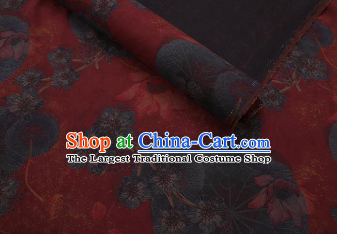 Asian Watered Gauze Fabric Traditional Cheongsam Cloth Chinese Classical Lotus Pattern Red Silk Drapery
