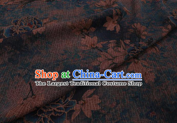 Asian Navy Watered Gauze Fabric Traditional Chinese Classical Peony Pattern Silk Drapery Cheongsam Cloth