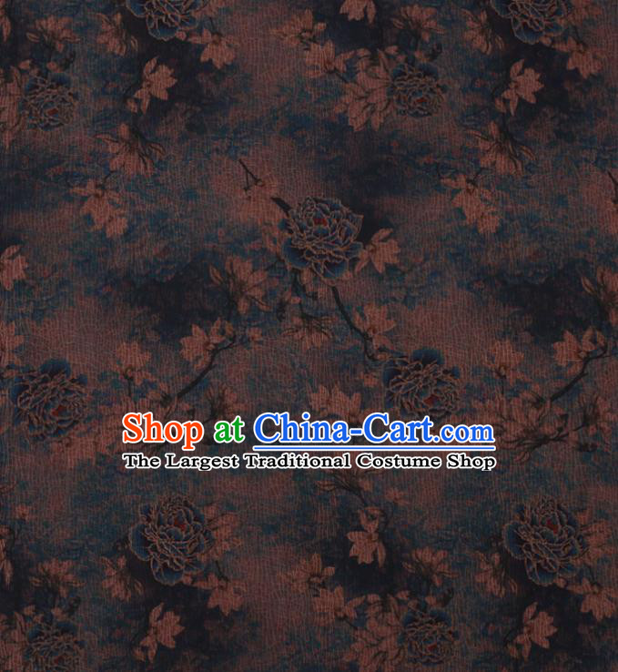 Asian Navy Watered Gauze Fabric Traditional Chinese Classical Peony Pattern Silk Drapery Cheongsam Cloth