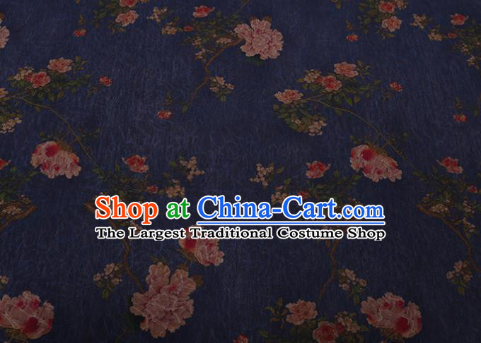 Asian Cheongsam Cloth Watered Gauze Drapery Traditional Chinese Classical Peony Pattern Deep Blue Gambiered Guangdong Silk Fabric