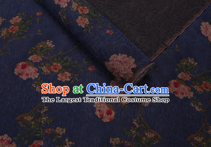 Asian Cheongsam Cloth Watered Gauze Drapery Traditional Chinese Classical Peony Pattern Deep Blue Gambiered Guangdong Silk Fabric