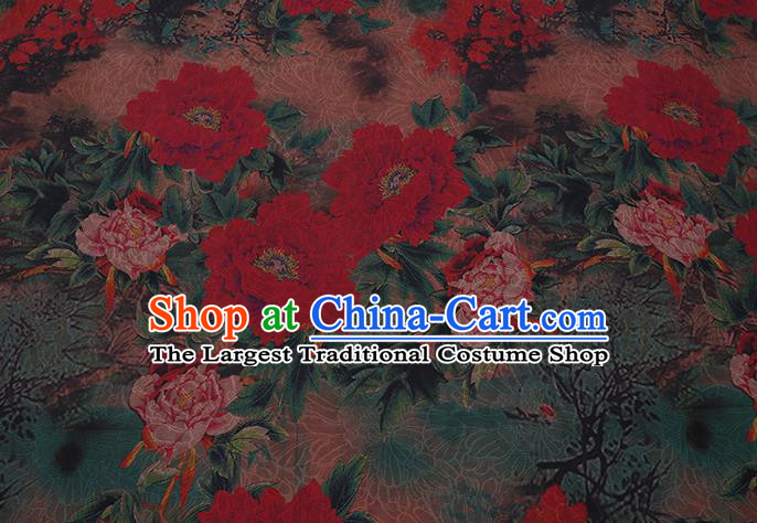 Traditional Chinese Classical Peony Pattern Green Gambiered Guangdong Silk Fabric Asian Cheongsam Cloth Watered Gauze Drapery