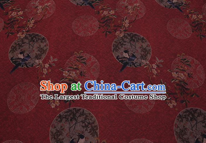 Chinese Traditional Gambiered Guangdong Silk Asian Cheongsam Cloth Drapery Classical Flower Bird Pattern Red Watered Gauze Fabric