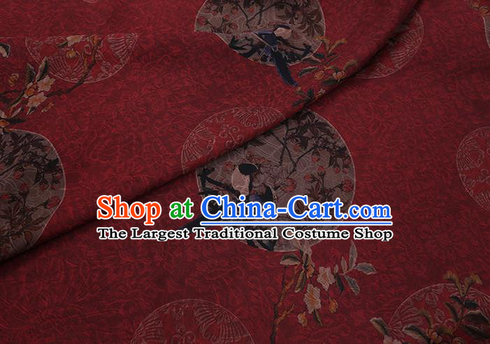 Chinese Traditional Gambiered Guangdong Silk Asian Cheongsam Cloth Drapery Classical Flower Bird Pattern Red Watered Gauze Fabric
