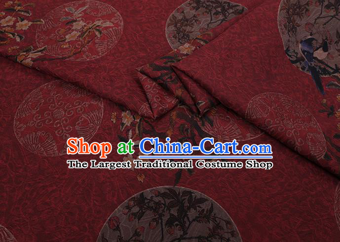 Chinese Traditional Gambiered Guangdong Silk Asian Cheongsam Cloth Drapery Classical Flower Bird Pattern Red Watered Gauze Fabric