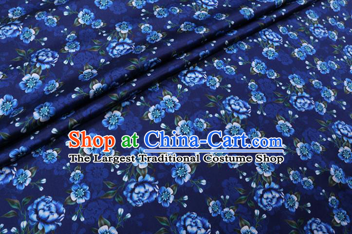 Asian Cheongsam Cloth Satin Drapery Chinese Traditional Gambiered Guangdong Silk Classical Primrose Pattern Deep Blue Watered Gauze Fabric