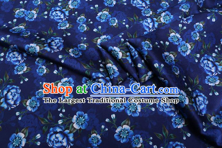 Asian Cheongsam Cloth Satin Drapery Chinese Traditional Gambiered Guangdong Silk Classical Primrose Pattern Deep Blue Watered Gauze Fabric