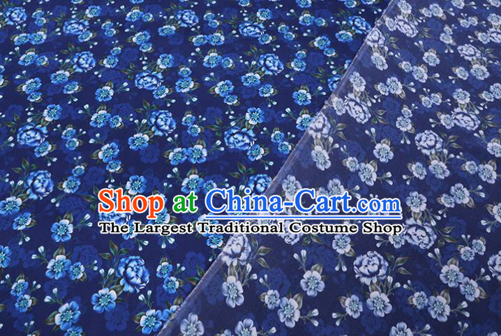 Asian Cheongsam Cloth Satin Drapery Chinese Traditional Gambiered Guangdong Silk Classical Primrose Pattern Deep Blue Watered Gauze Fabric