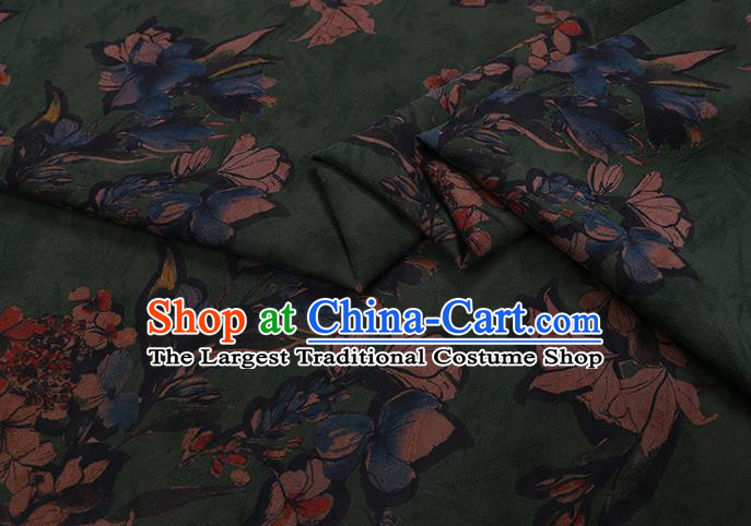 Chinese Classical Mangnolia Pattern Green Gambiered Guangdong Silk Fabric Watered Gauze Traditional Asian Cheongsam Cloth Drapery