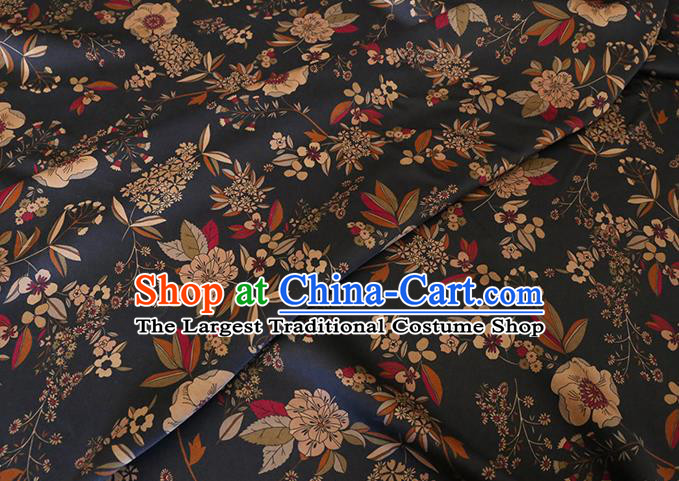 Chinese Classical Camellia Pattern Gambiered Guangdong Silk Black Watered Gauze Traditional Cheongsam Fabric
