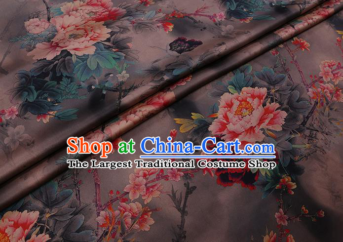 Chinese Classical Peony Pattern Brown Watered Gauze Fabric Traditional Gambiered Guangdong Silk Asian Cheongsam Cloth Satin Drapery
