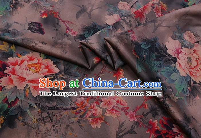 Chinese Classical Peony Pattern Brown Watered Gauze Fabric Traditional Gambiered Guangdong Silk Asian Cheongsam Cloth Satin Drapery