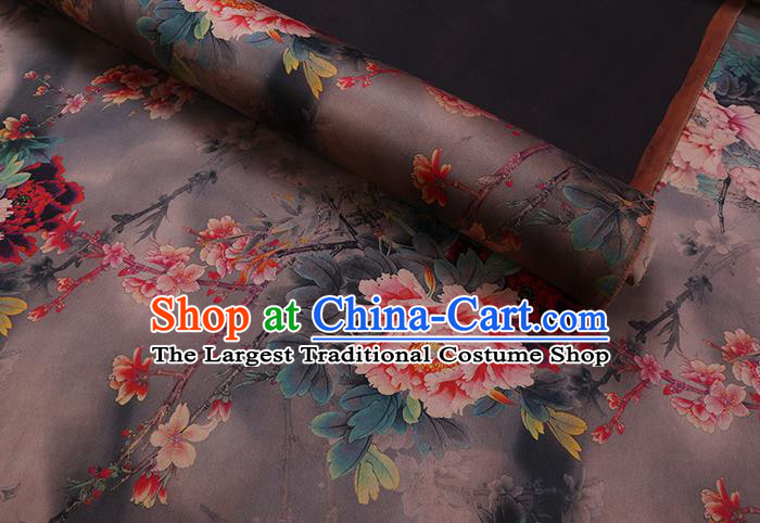 Chinese Classical Peony Pattern Brown Watered Gauze Fabric Traditional Gambiered Guangdong Silk Asian Cheongsam Cloth Satin Drapery
