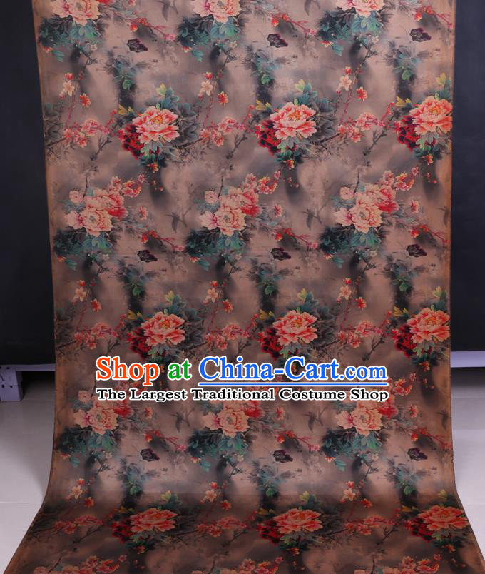 Chinese Classical Peony Pattern Brown Watered Gauze Fabric Traditional Gambiered Guangdong Silk Asian Cheongsam Cloth Satin Drapery