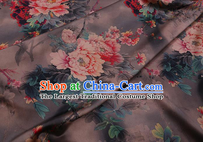 Chinese Classical Peony Pattern Brown Watered Gauze Fabric Traditional Gambiered Guangdong Silk Asian Cheongsam Cloth Satin Drapery