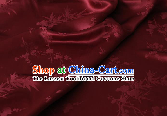 Chinese Cheongsam Dark Red Silk Drapery Cloth Traditional Classical Plum Orchid Bamboo Pattern Satin Fabric