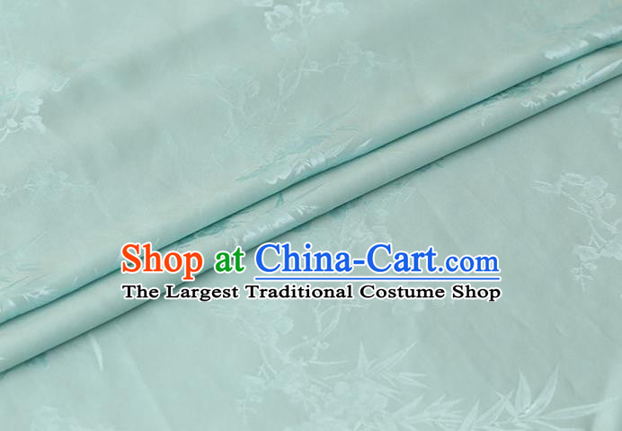 Chinese Light Green Silk Drapery Traditional Classical Plum Orchid Bamboo Pattern Satin Fabric Cheongsam Cloth