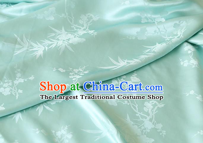 Chinese Light Green Silk Drapery Traditional Classical Plum Orchid Bamboo Pattern Satin Fabric Cheongsam Cloth