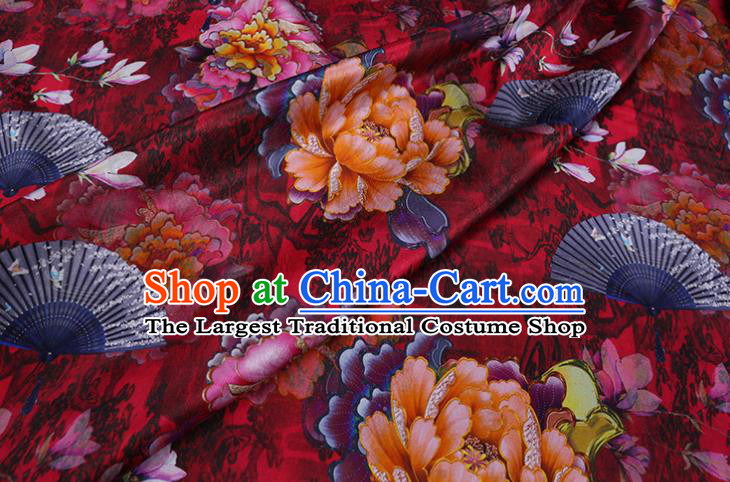 Chinese Classical Peony Pattern Satin Fabric Traditional Cheongsam Cloth Red Silk Drapery