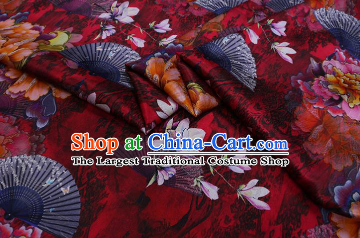 Chinese Classical Peony Pattern Satin Fabric Traditional Cheongsam Cloth Red Silk Drapery