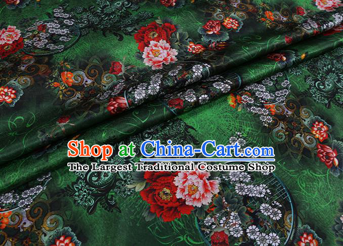 Chinese Green Silk Drapery Traditional Cheongsam Cloth Classical Peony Pattern Satin Fabric