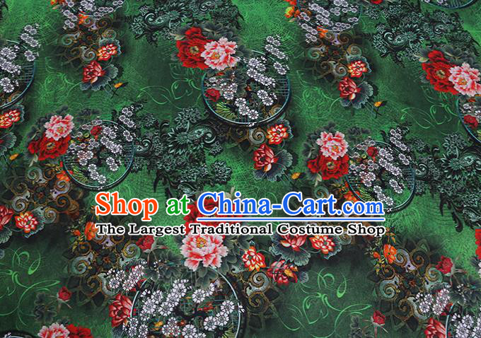Chinese Green Silk Drapery Traditional Cheongsam Cloth Classical Peony Pattern Satin Fabric