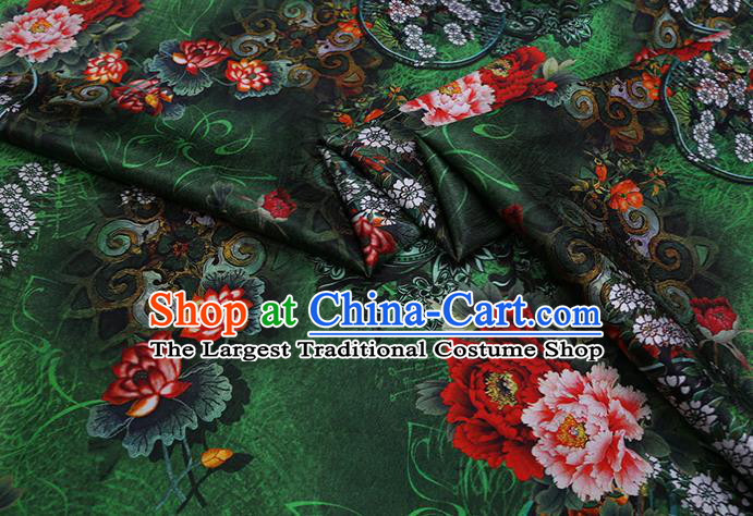 Chinese Green Silk Drapery Traditional Cheongsam Cloth Classical Peony Pattern Satin Fabric