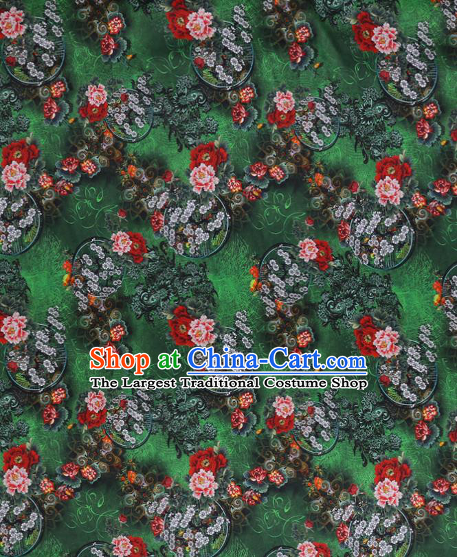 Chinese Green Silk Drapery Traditional Cheongsam Cloth Classical Peony Pattern Satin Fabric