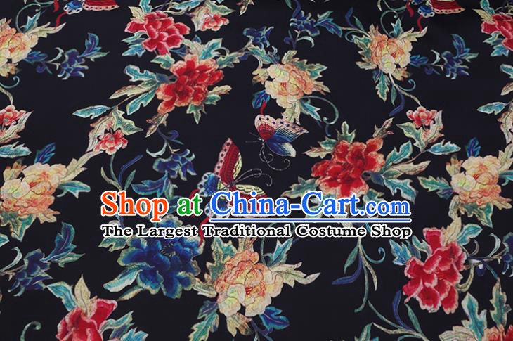 Chinese Classical Butterfly Peony Pattern Black Watered Gauze Traditional Cheongsam Gambiered Guangdong Silk Satin Fabric