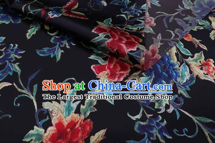 Chinese Classical Butterfly Peony Pattern Black Watered Gauze Traditional Cheongsam Gambiered Guangdong Silk Satin Fabric