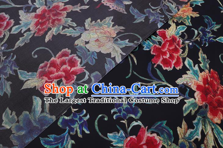 Chinese Classical Butterfly Peony Pattern Black Watered Gauze Traditional Cheongsam Gambiered Guangdong Silk Satin Fabric