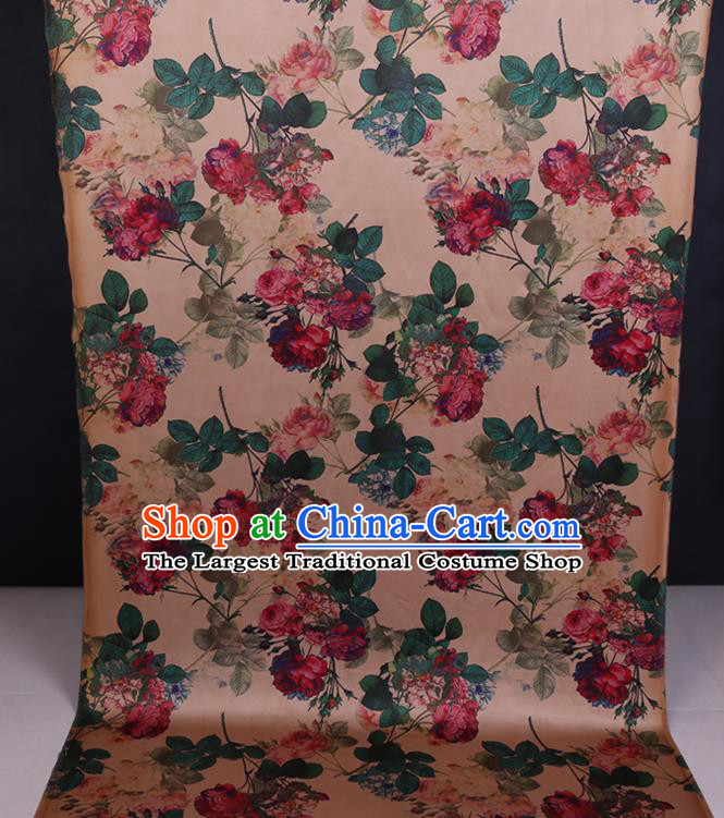 Chinese Traditional Classical Roses Pattern Gambiered Guangdong Silk Cheongsam Satin Fabric Beige Watered Gauze