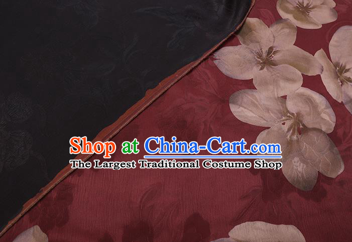 Chinese Classical Flowers Pattern Wine Red Gambiered Guangdong Silk Traditional Cheongsam Satin Fabric Watered Gauze