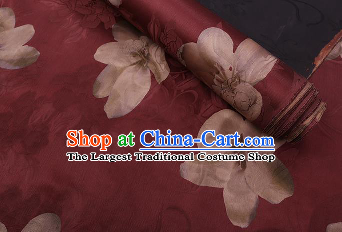 Chinese Classical Flowers Pattern Wine Red Gambiered Guangdong Silk Traditional Cheongsam Satin Fabric Watered Gauze