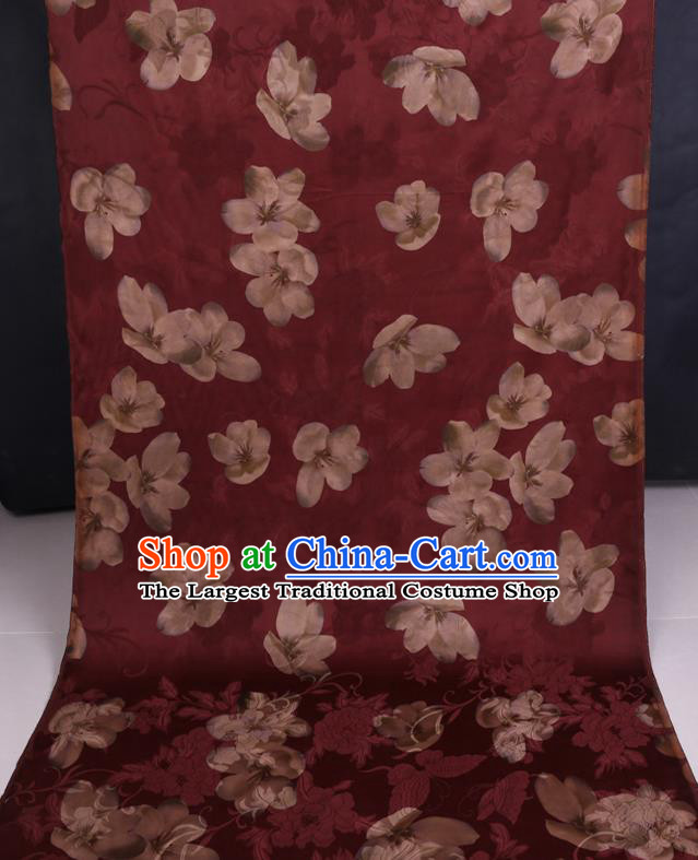 Chinese Classical Flowers Pattern Wine Red Gambiered Guangdong Silk Traditional Cheongsam Satin Fabric Watered Gauze