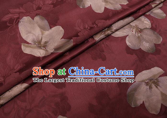 Chinese Classical Flowers Pattern Wine Red Gambiered Guangdong Silk Traditional Cheongsam Satin Fabric Watered Gauze