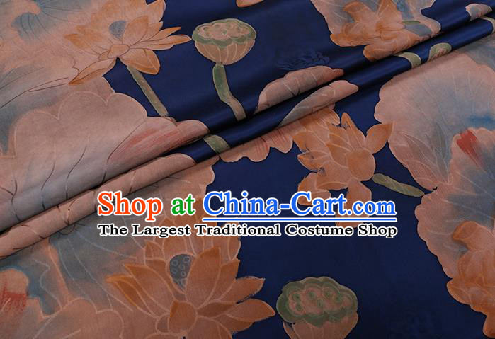 Chinese Classical Lotus Pattern Deep Blue Satin Fabric Traditional Cheongsam Watered Gauze Gambiered Guangdong Silk