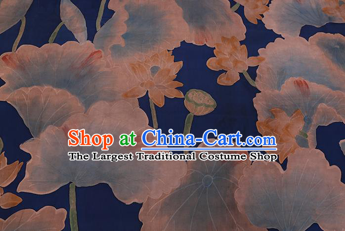 Chinese Classical Lotus Pattern Deep Blue Satin Fabric Traditional Cheongsam Watered Gauze Gambiered Guangdong Silk
