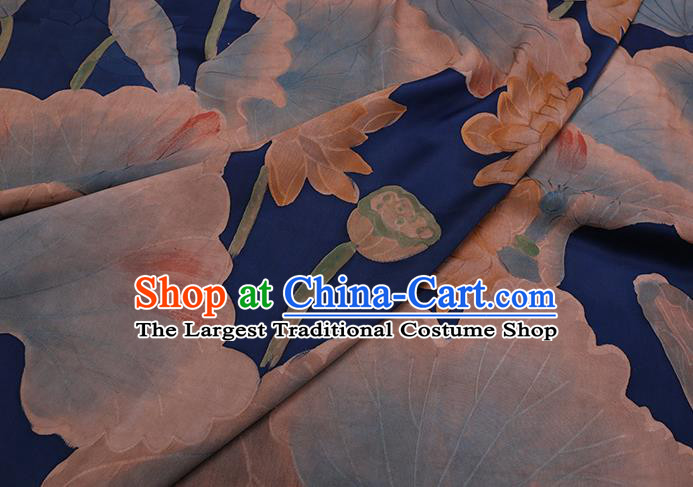Chinese Classical Lotus Pattern Deep Blue Satin Fabric Traditional Cheongsam Watered Gauze Gambiered Guangdong Silk