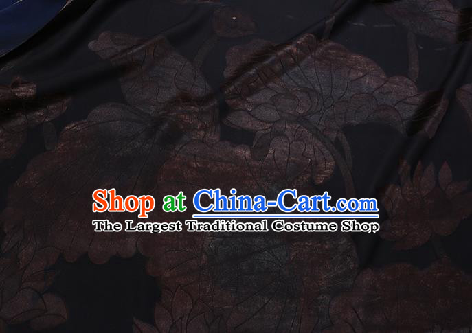Chinese Classical Lotus Pattern Deep Blue Satin Fabric Traditional Cheongsam Watered Gauze Gambiered Guangdong Silk