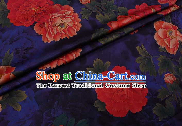 Chinese Classical Peony Pattern Deep Blue Silk Fabric Traditional Watered Gauze Gambiered Guangdong Silk Cheongsam Cloth