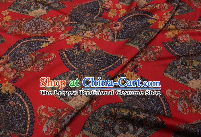 Chinese Classical Fans Pattern Red Gambiered Guangdong Silk Fabric Cheongsam Cloth Traditional Watered Gauze