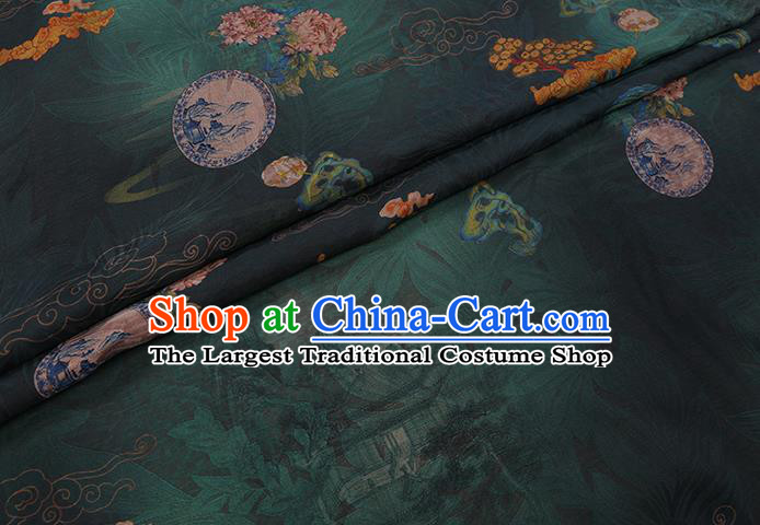 Chinese Classical Flowers Pattern Dark Green Gambiered Guangdong Silk Fabric Traditional Cheongsam Watered Gauze