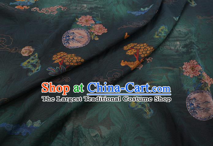 Chinese Classical Flowers Pattern Dark Green Gambiered Guangdong Silk Fabric Traditional Cheongsam Watered Gauze