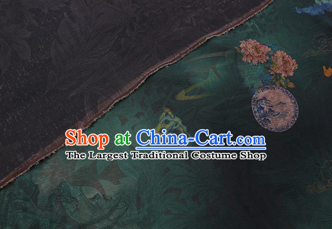 Chinese Classical Flowers Pattern Dark Green Gambiered Guangdong Silk Fabric Traditional Cheongsam Watered Gauze