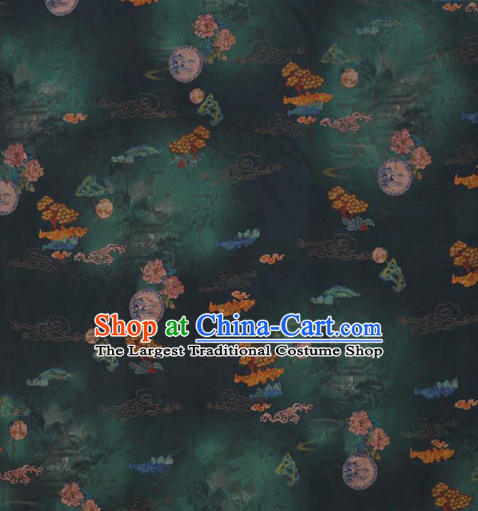Chinese Classical Flowers Pattern Dark Green Gambiered Guangdong Silk Fabric Traditional Cheongsam Watered Gauze